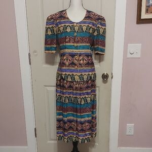 Vintage Miss Dorby Ornate Damask Multi Pattern Print Blouse Skirt Set Size 12